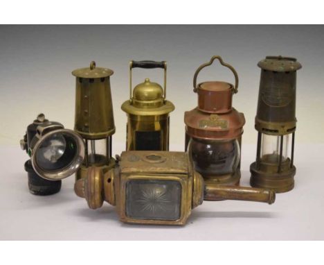 Group of vintage lamps, to include Eccles Protector, Thomas &amp; Williams Aberdare, Lucas carbide motor lamp, Rotax carriage