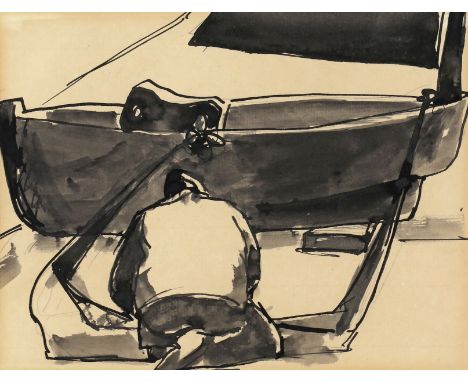  ‡ Josef Herman RA (1911-2000) Man repairing a boat Pen, ink and wash 16 x 21cm Provenance:  Lots 1 to 111 from a collection 