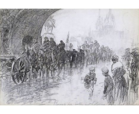 Gilbert Holiday (1879-1937)  29th Division crossing the Hohenzollern Bridge, Cologne  Inscribed Rough for Entry into Cologne 