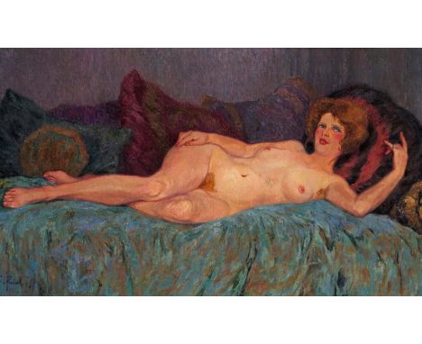  ‡ Fernand Pinal (French 1881-1958) Reclining nude Signed Oil on canvas 73.5 x 116cm ++Unlined, large repair above her hand o