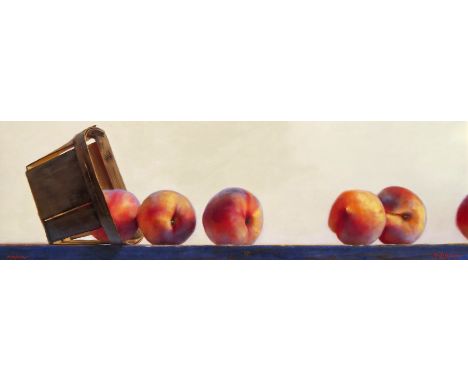 Paul S. Brown (American b.1967) Still life of peaches on a shelf Signed and dated MMXVI Oil on board 20 x 60cm