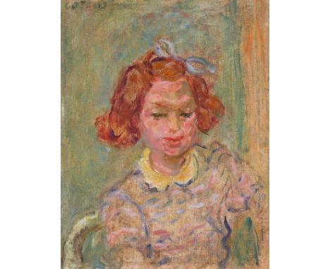  ‡ Henryk Gotlib (Polish 1890-1966) Portrait of a girl with a blue bow in her hair, possibly Joanna Rubens Signed Oil on canv