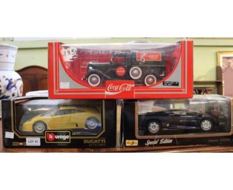 Three 1:18 scale model vehicles a Coca-Cola van, Bugatti EB110 (1991) and a Jaguar XJ220. All in original boxes&nbsp;