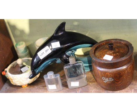 A Clarice Cliff "Celtic Harvest" ceramic conserve pot with plated lid, a Poole pottery Dolphin, a wooden tea caddy, two small