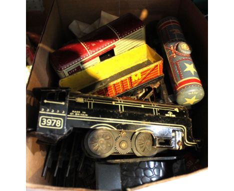 A "Mar Toys" tinplate clockwork railway engine and tender, various rolling stock includes a "Danger Benzine" tanker, other it