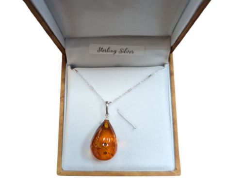 Silver Baltic amber pear shaped pendant necklace, stamped 925, boxed Condition Report:Chain L45cm, pendant L3cm