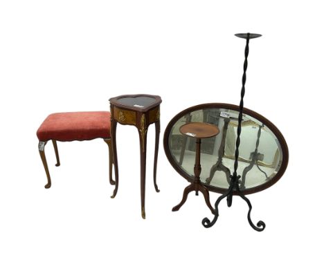 20th century cabriole leg stool; heart shaped bijouterie cabinet; wrought metal candle stand; small tripod table; three mirro