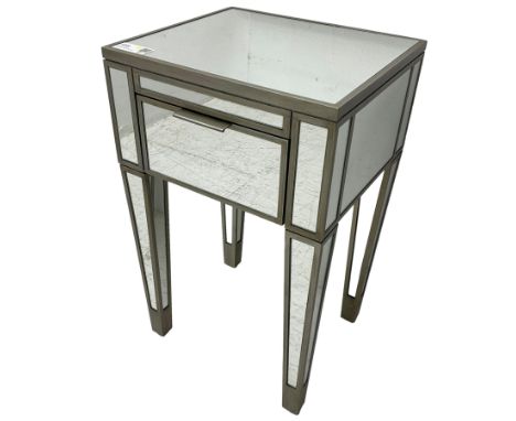 Contemporary mirrored and metal lamp table, rectangular top, fitted with single drawer, raised on square tapering supports Di