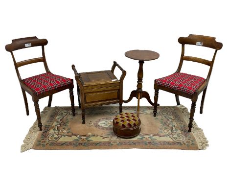 Pair of 19th century rosewood chairs with tartan upholstered drop-in seats (W46cm H88cm); 19th century walnut commode stool; 