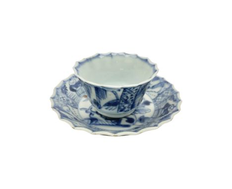 Chinese Kangxi blue and white fluted tea bowl and saucer 