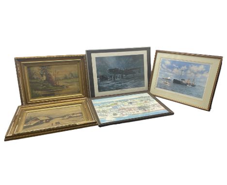 JF Morris (Early 20th century): Naive Landscapes, pair oils on canvas, together with three signed prints after John Rayson, R