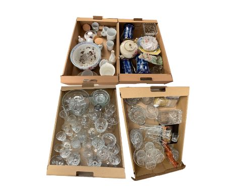 Collection of glassware and ceramics including Beswick fox, Royal Worcester herb pots, decanters teapots etc, in four boxes 
