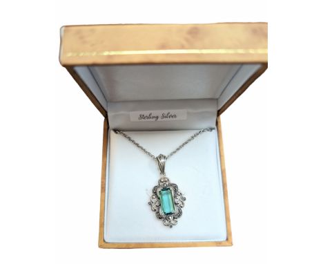 Silver marcasite and green stone pendant necklace, stamped 925, boxed Condition Report:Chain 46cm, pendant 3cm