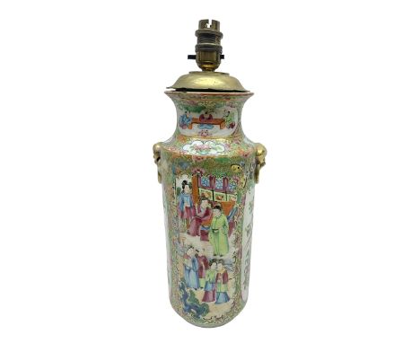 19th century Chinese Canton famille rose vase, converted to a table lamp, of shouldered cylindrical form, with twin gilt lion