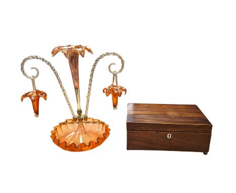 Victorian pink glass epergne, with three fluted trumpet vases and a mahogany box, epergne H