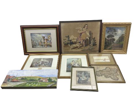 Garman Morris watercolour, two Baxter prints, Dutch watercolour, Victorian tapestry, and small quantity of further pictures (