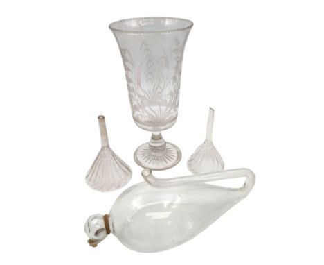 Collection of glassware, comprising etched glass celery vase, water barometer, and two wine funnels 