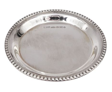 Modern silver pin tray, of circular form, with beaded edge, hallmarked Laurence R Watson & Co, Sheffield 2000, D9cm, boxed Co
