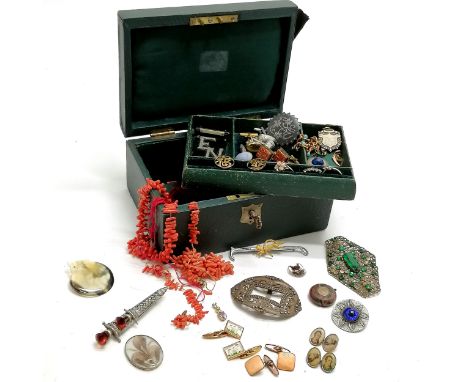 Antique jewellery box containing qty of jewellery inc Robert Burns cufflinks, essex crystal cufflinks, fox / riding crop bar 