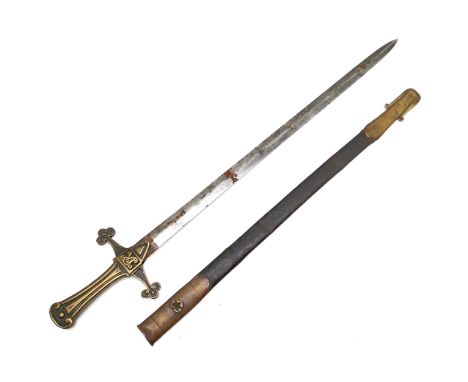 Victorian bandsmans sword with brass hilt and double edged blade 69cm long in original brass mounted leather scabbard - has s