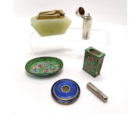 Silver cased scent bottle with hinged lid (6.2cm), Ronson onyx lighter, blue guilloche enamel compact (lid detached), 2 x Can