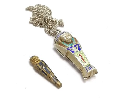 Silver enamel novelty Egyptian revival sarcophagus pendant (with original enclosed mummy) on unmarked silver 38cm chain ~ sli