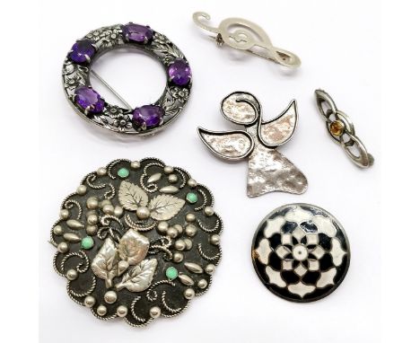6 x silver brooches inc Chester silver Shipton &amp; Co brooch set with amethyst, 'Watch Over Me' guardian angel, ALP Italian