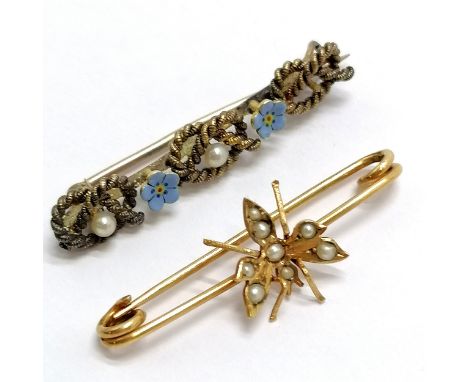 Antique 15ct marked gold bar brooch set with blue enamel flowers &amp; pearls (1 missing) - 3.5cm t/w unmarked (touch tests a