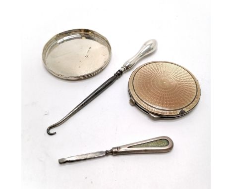 1935 silver guilloche enamel compact (7.5cm diameter &amp; has chip), Victorian silver lid / dish, silver handle button hook 