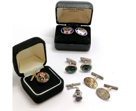 1946 silver gilt blue enamel cufflinks by A E Poston &amp; Co Ltd, silver paua shell cufflinks, silver bright cut cufflinks -