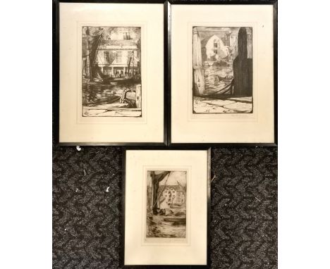 3 x framed signed engravings inc Newfoundland warehouse, Poole by Philip Leslie Moffat Ward (1888-1978) - largest frame 49.5c