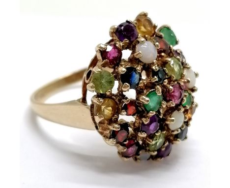 9ct hallmarked gold multi stone set ring set with emerald, ruby, sapphire, amethyst, opal etc - size R &amp; 5.5g total weigh