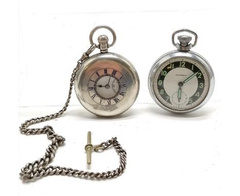 Antique half hunter silver dennison 50mm cased pocket watch (with Bournville dedication) on a silver hallmarked albert chain 