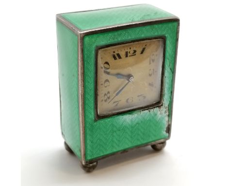 Continental 875 silver marked guilloche green enamel miniature clock - 5cm high &amp; has obvious damage to enamel ~ for spar