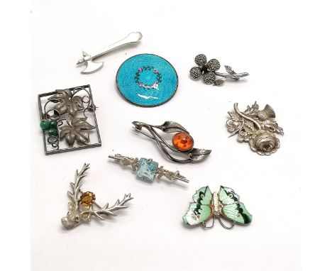 9 x silver brooches inc J Aitkin &amp; Son guilloche enamel (stress cracks), Austrian 800 silver leaves (slight bent), battle