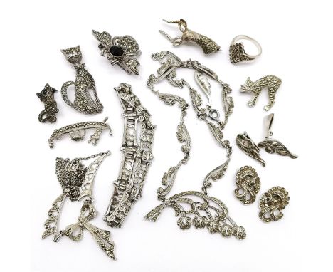 Qty of marcasite jewellery inc silver kudu brooch, 2 x silver cat brooches &amp; silver ring etc - SOLD ON BEHALF OF THE NEW 