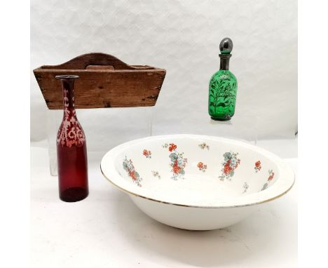 Vintage Burleigh ware floral decorated wash basin bowl, 42 cm diameter, Vintage pine cutlery tray, t/w Continental green glas