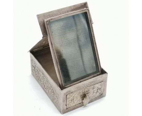 Antique Chinese silver marked miniature vanity box with fold out easel mirror and single drawer 6.5cm x 4.5cm x 2.5cm total w