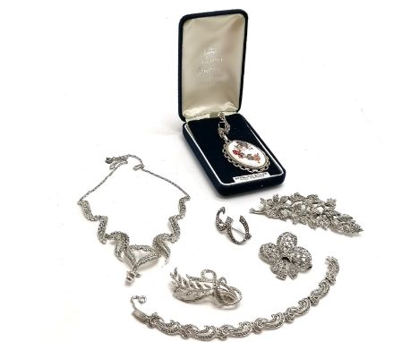 Silver hallmarked coalport porcelain panel pendant (5.5cm drop) on a silver marked chain - total weight 17g &amp; in original