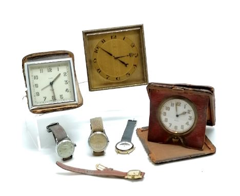 Antique Mappin brass easel stand travel clock (10cm square &amp; 457g total weight) t/w 2 leather cased travel clocks &amp; 4