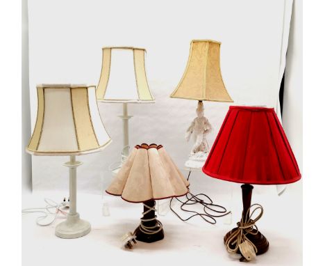 Pair of candlestick lamps, figural porcelain lamp, and 2 others. 
