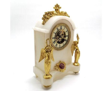 Antique alabaster &amp; gilt metal mounted mantle clock with open mechanism design - 32cm high x 21cm wide - has pendulum and