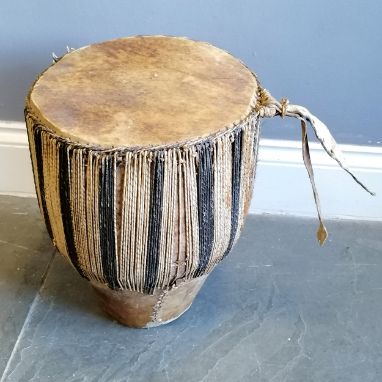 African tribal drum with gut strand tensioners 42cm high x top 35cm x 32cm - slight A/F to tensioners otherwise in good used 