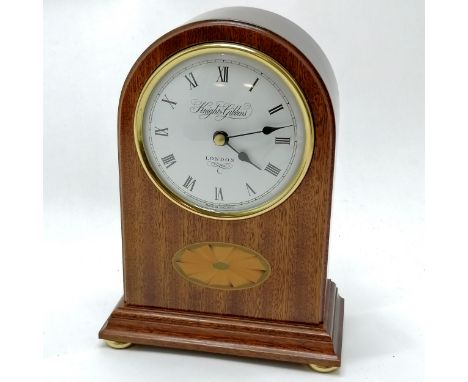 Knight &amp; Gibbins (London) reproduction solid mahogany quartz mantle clock with marquetry inlay on 4 brass feet - 20cm hig