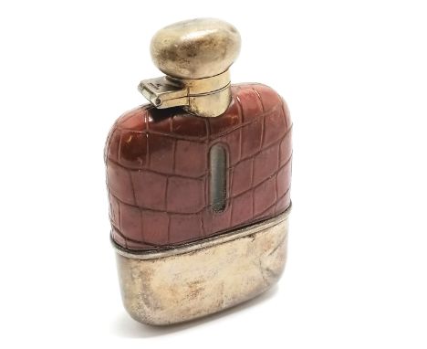 Antique silver plated hip flask with crocodile leather detail - 12cm high and has obvious wear / dents 