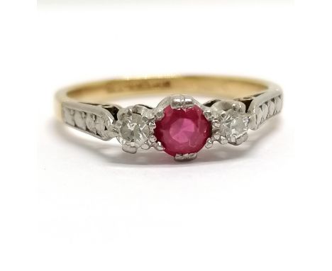 18ct gold and platinum ruby &amp; 2 diamond ring - size J &amp; 2.3g total weight 