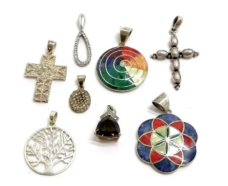 8 x silver pendants inc 2 x 950 silver stone set, tree of life, 2 x crosses (1 set with pearl - 4cm) - total weight 34g 