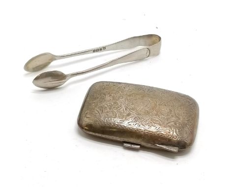 Antique silver engraved cigarettes case t/w silver tongs (11cm) - 67g total weight