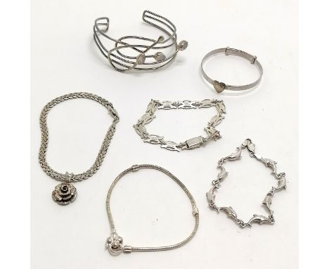 6 x silver bracelets inc Me to you bangle, dolphin link etc - total weight 52g ~ the Art Nouveau moonstone set bangle is slig