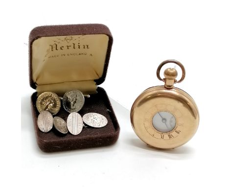 Antique gold plated half hunter pocket watch in a Dennison 50mm case - running and has a couple of slight dents and age relat